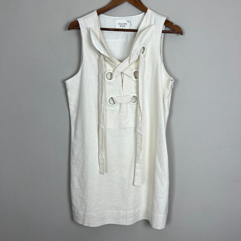 Hyacinth House Tuckernuck Mini Dress Womens Medium‎ Ivory Linen Cotton Lace Up M - Picture 14 of 16